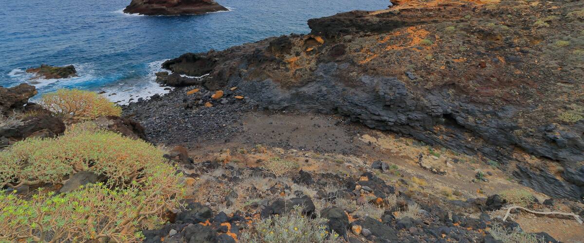A rocky coastline with a prominent rock formation in the sea, sparse vegetation, and a clear sky.