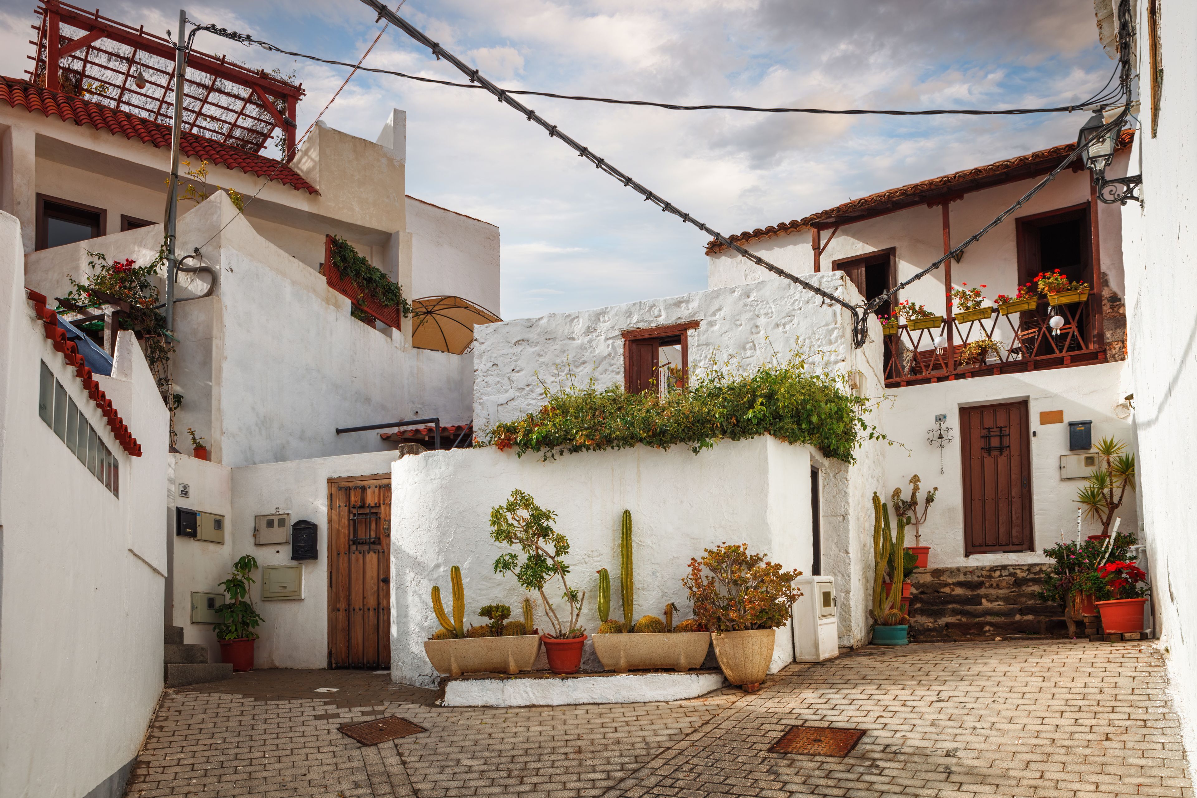 A narrow alley with white-washed buildings, red-tiled roofs, and potted plants.