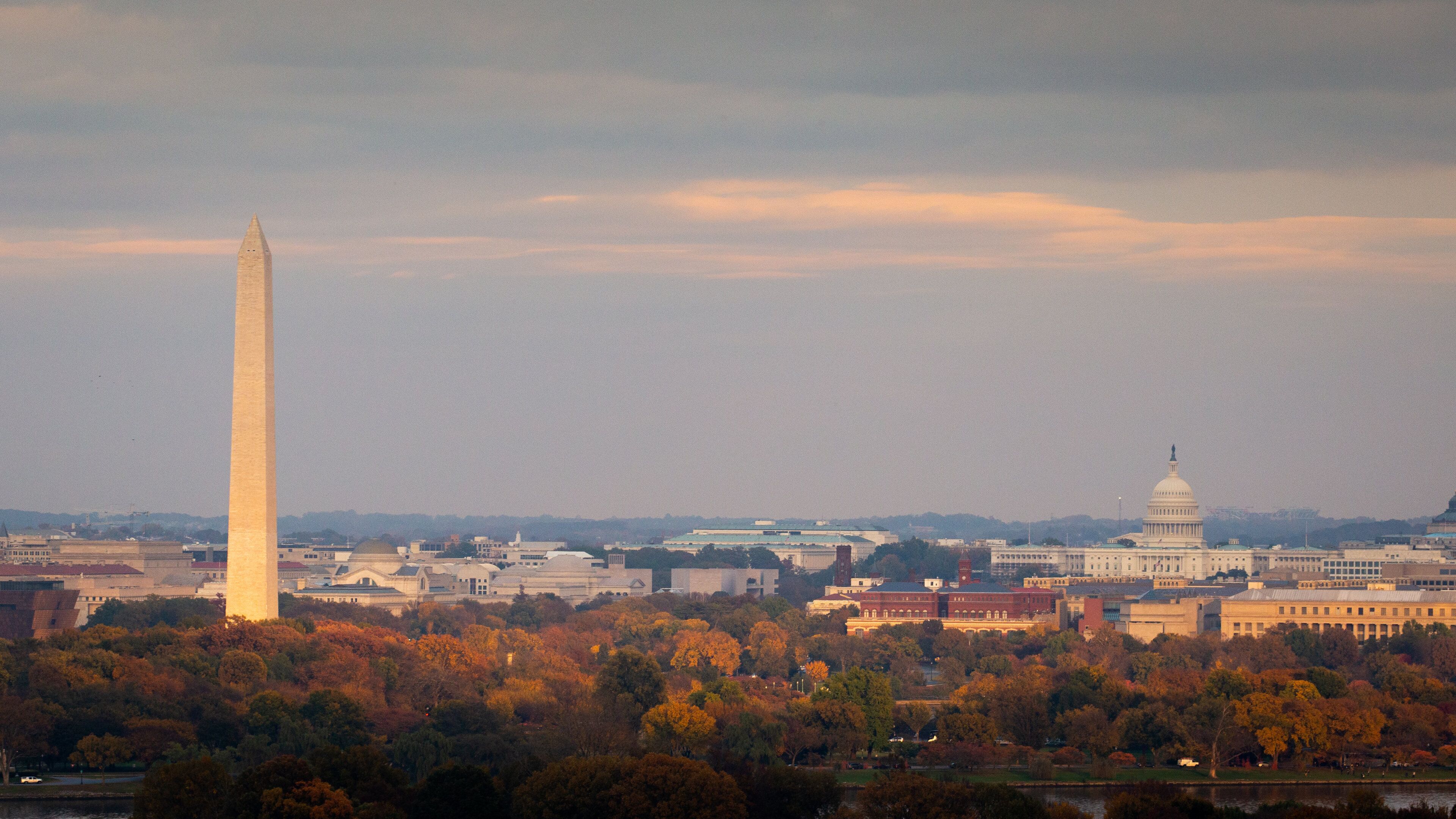 Arlington showing a sunset, landscape views and a monument