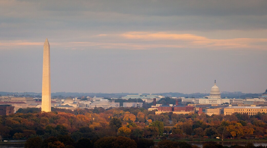 Arlington showing a sunset, landscape views and a monument