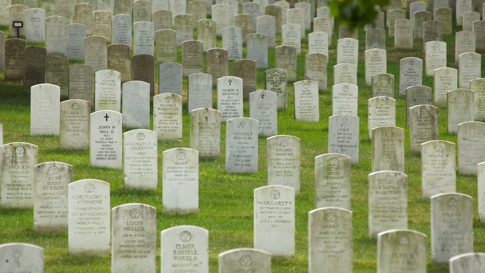 A cemetery with numerous headstones.