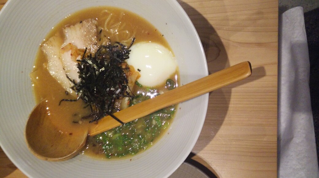 Miso porky ramen @yonarestaurant from the acclaimed DC chefs @jkimsan and @MikeIsabellaDC #trover #DCEats
Yummy miso-ey with runny yolk ramen and the pork melts in your mouth. Noodles is al dente great!
I give this ramen joint a thumbs up for culinary innovation. There are many fusion restaurants in town but one steps it up by using Korean and Japanese flavours in non-Korean and non-Japanese dishes like chashu cubano and uni waffle.