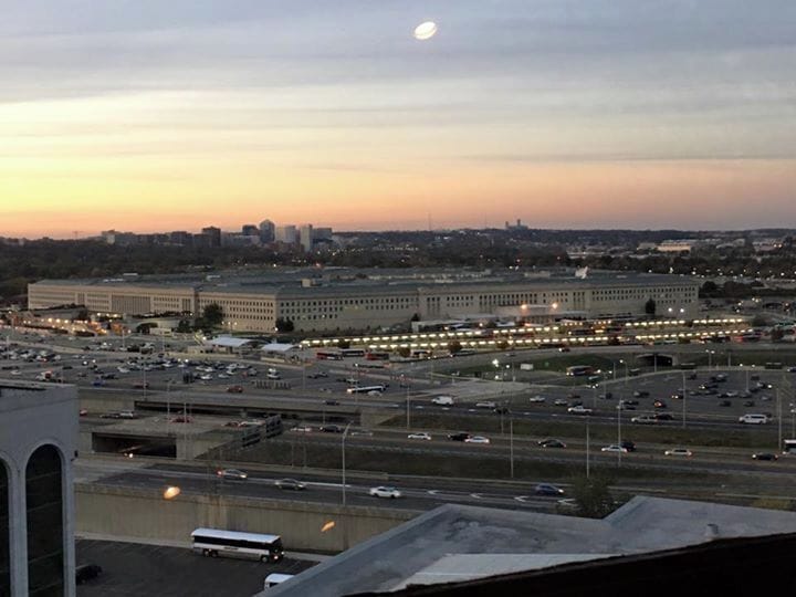 Eating dinner in the skydome looking out towards the Pentagon