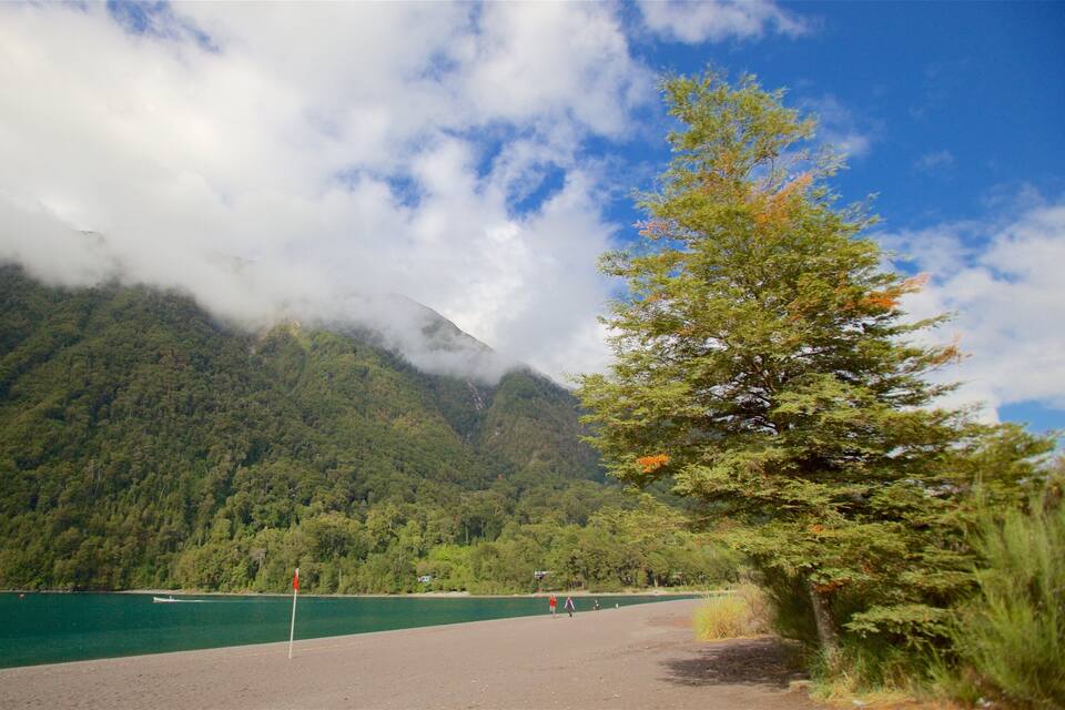 A lake surrounded by mountains with a forested area and a clear sky.