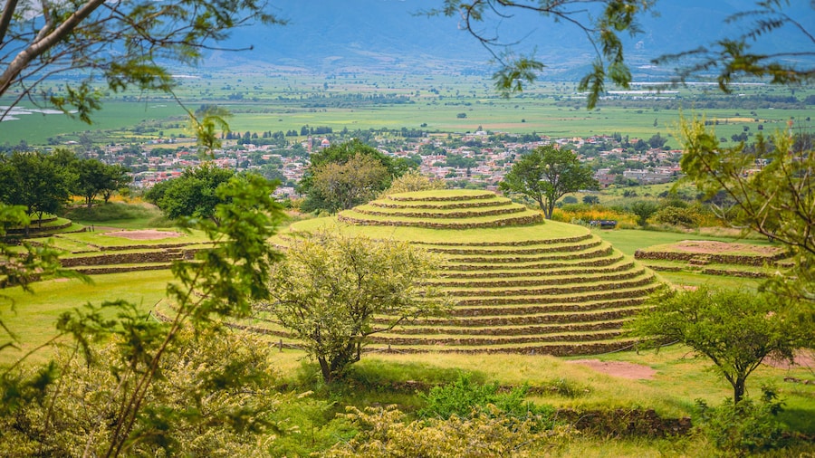 Archeological zone of Guachimontones in the state of Jalisco, Mexico. Pyramid with summer landscape and blue sky