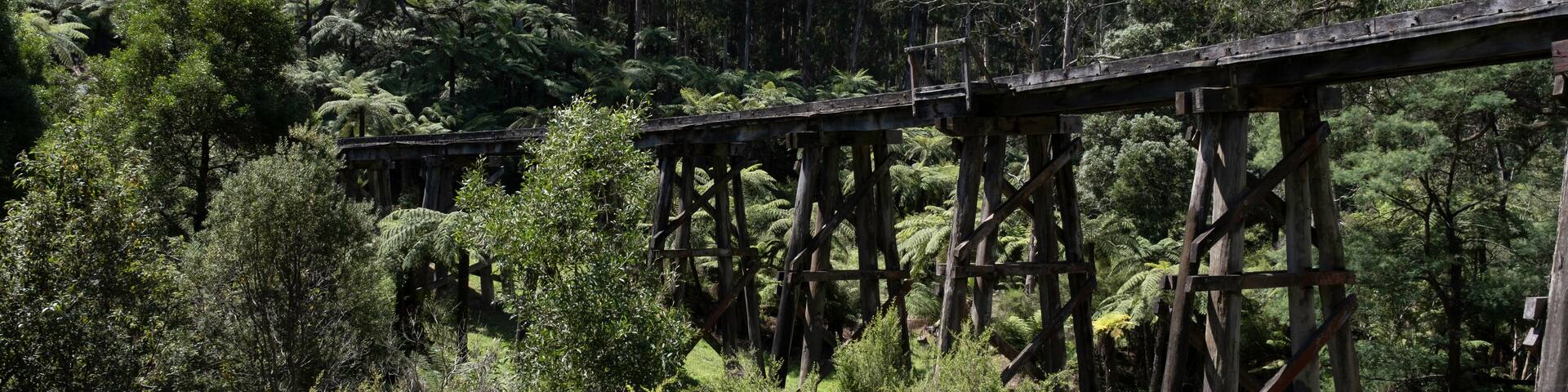 Part of the wooden old Monbulk iconic Puffing Billy-Railway Trestle Bridge built in 1889, located in the Dandenong Ranges near Melbourne, Victoria, Australia