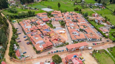 Vista aérea de una zona residencial con casas de tejados de teja y un espacio abierto central, además de un estacionamiento.