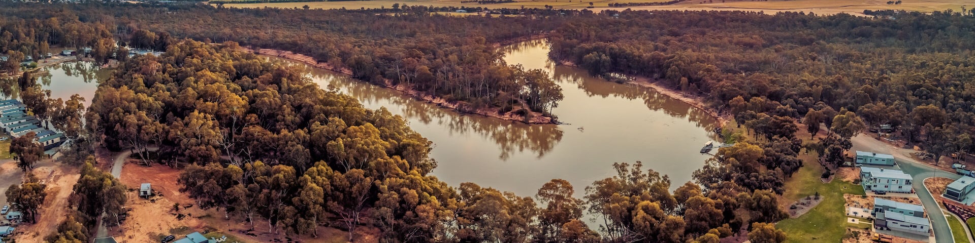 Murray River bend at sunset - aerial panorama