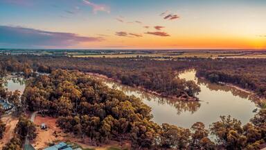 Murray River bend at sunset - aerial panorama