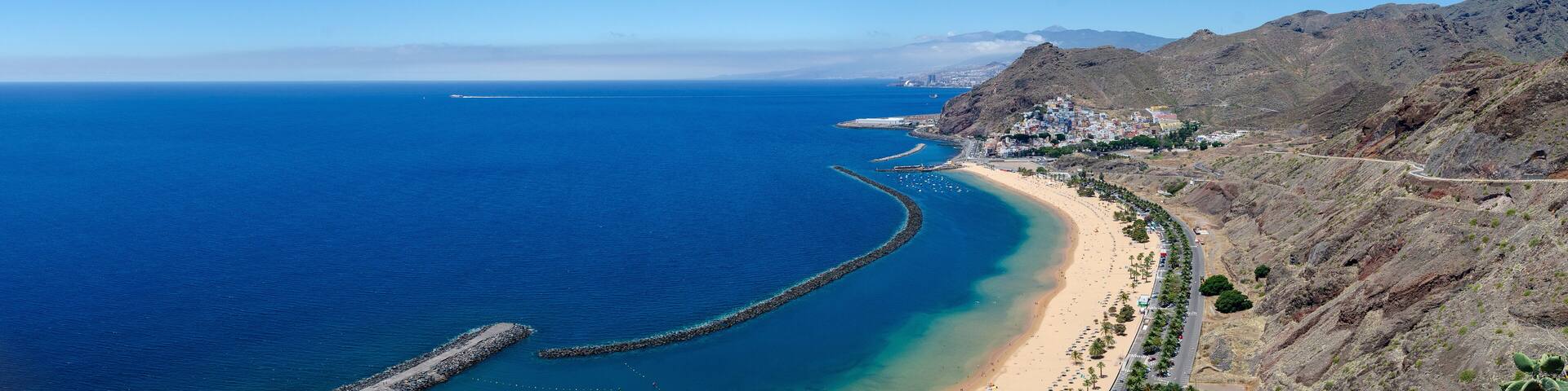 Panoramic view of Playa de Las Teresitas located in near the village San Andrés in Tenerife, Spain.