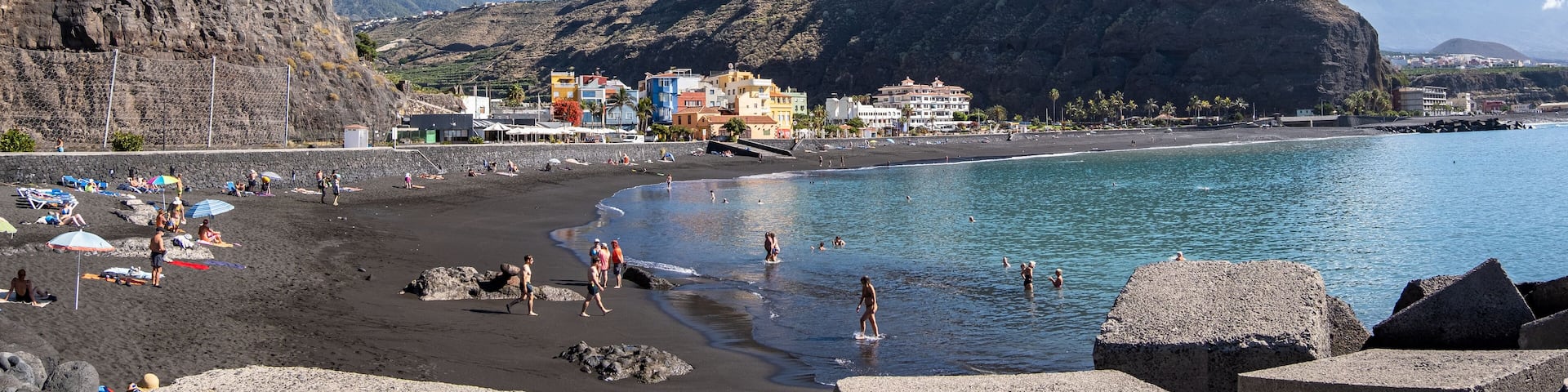 Panoramic view of Tazacorte beach with black sand on La Palma, Canary island,Spain.