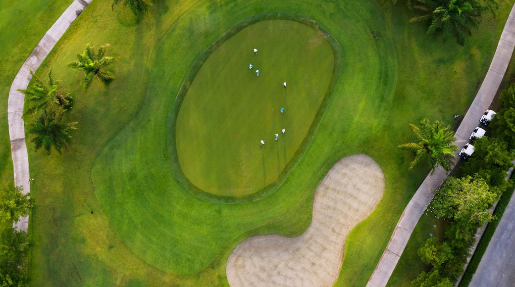 Aerial view of the green golf course in Thailand.