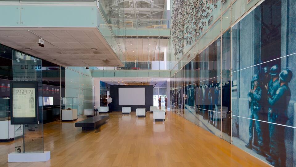 A modern museum interior with glass walls, wooden floors, and various exhibits.