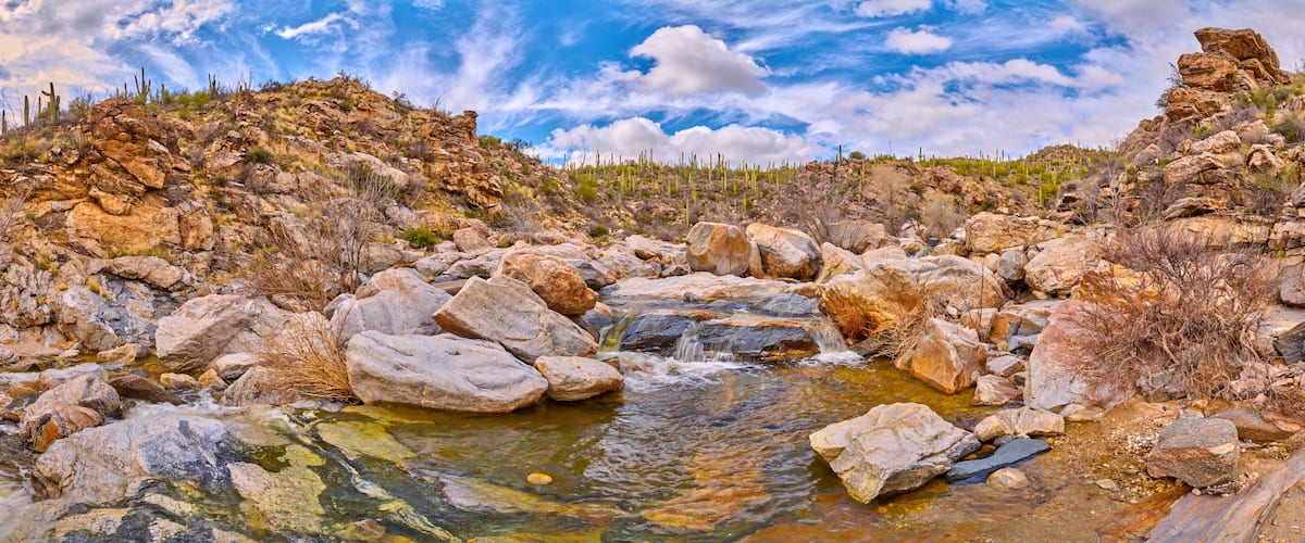 Panoramic view of Tanque Verde Creek in the Coronado National Forest, Arizona.