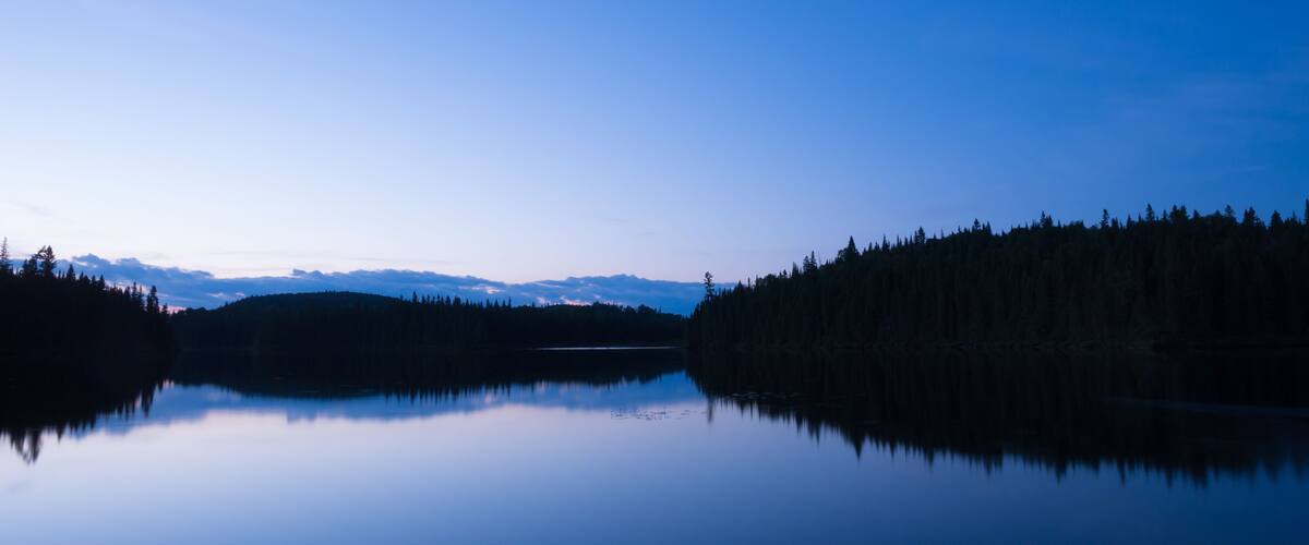 A calm lake surrounded by dense forests and distant mountains under a clear blue sky.