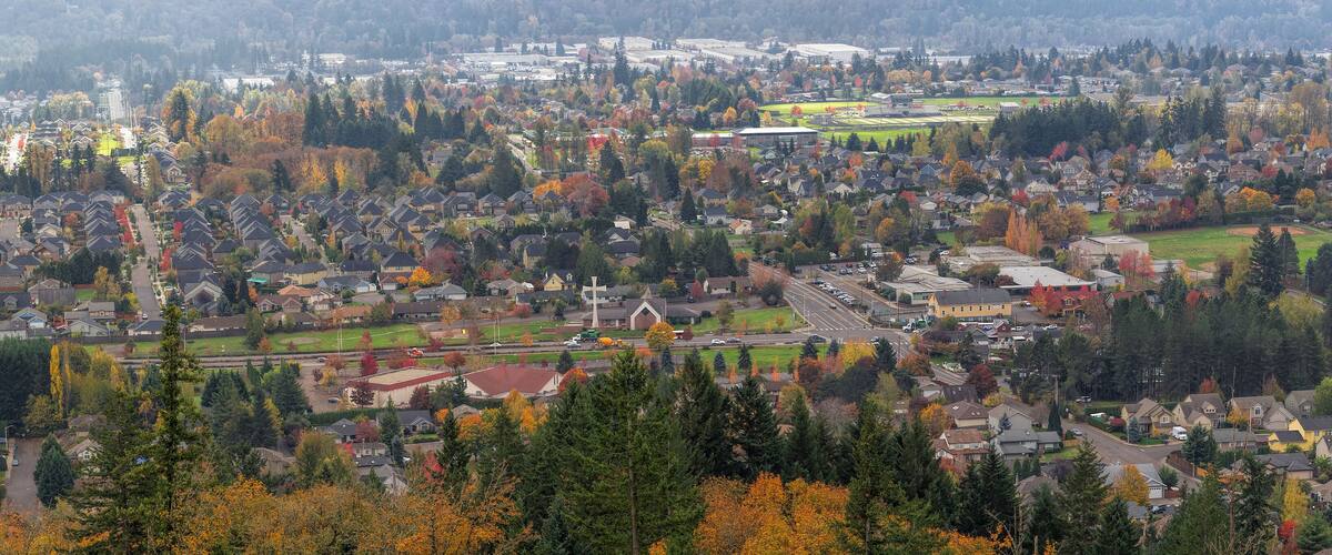 A suburban area with houses, trees, and a church.