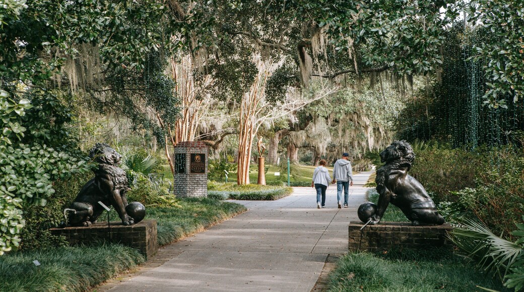 Brookgreen Gardens featuring a statue or sculpture and a garden as well as a couple