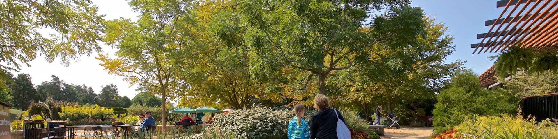 Morton Arboretum showing a garden and wildflowers as well as a family