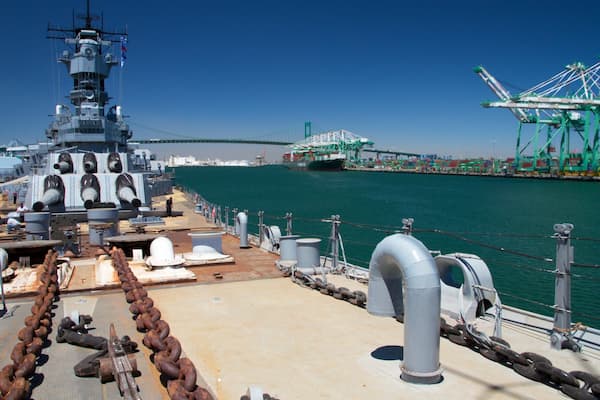 Exploring the USS Iowa Museum in San Pedro, California, with views of the harbor and surrounding areas
