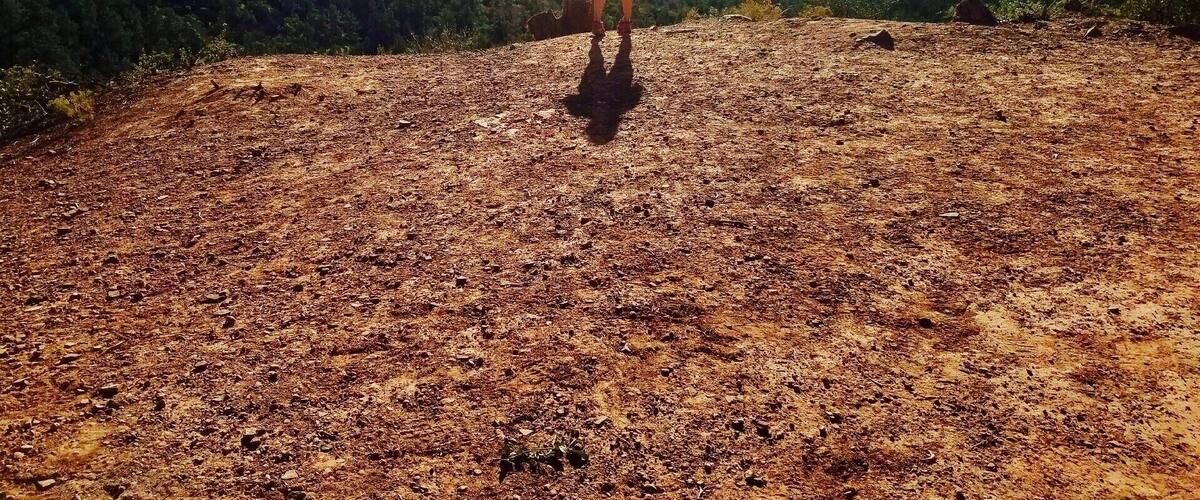 A person hiking on a dirt path with a mountainous landscape in the background.