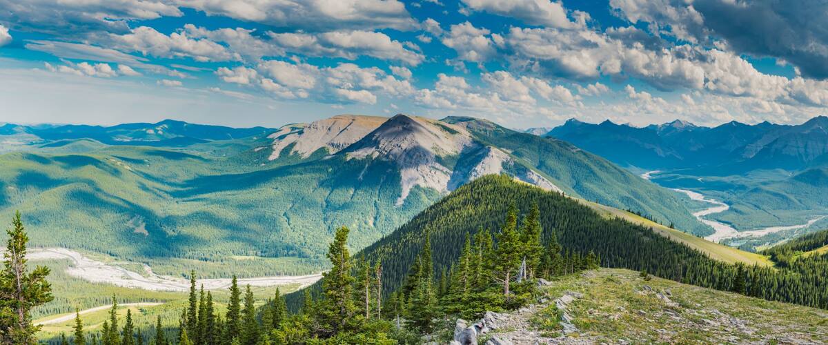 A mountain range with a clear sky, a winding river, and dense forests.