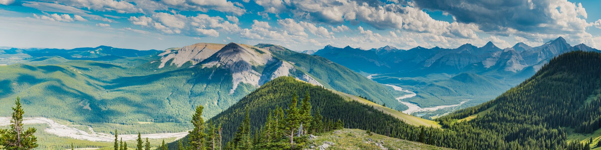 A mountain range with a clear sky, a winding river, and dense forests.