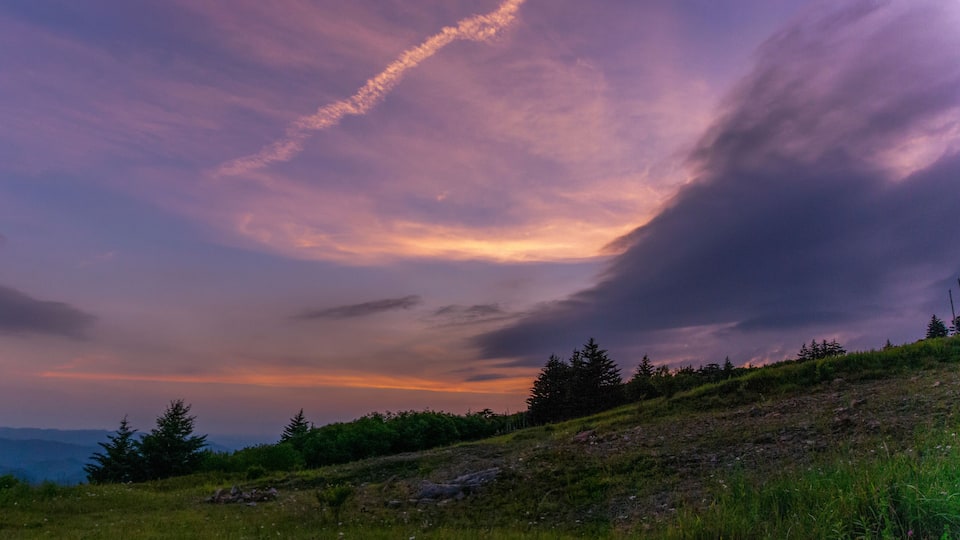 A sunset over a grassy hill with trees and a visible contrail in the sky.