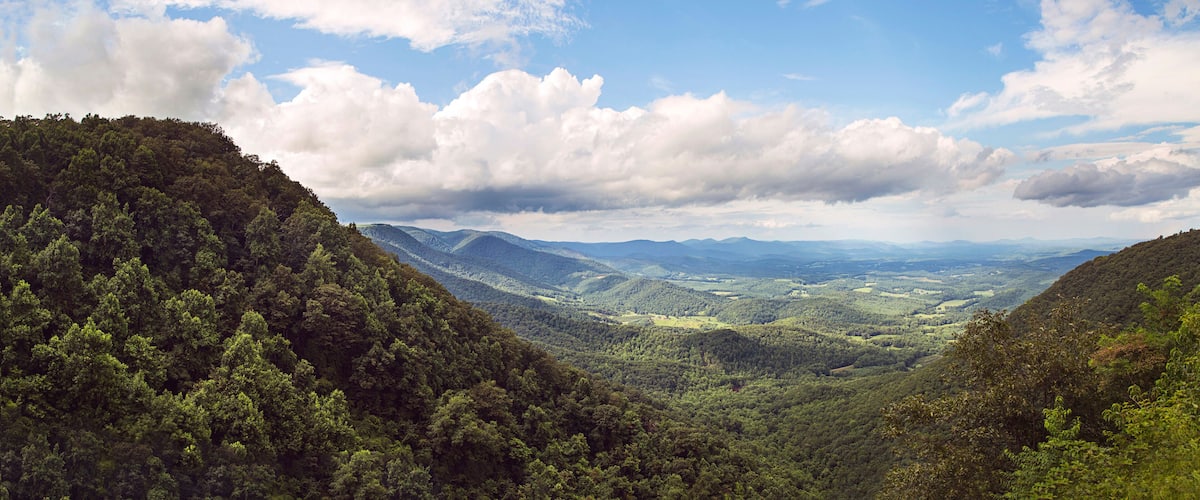 A mountainous landscape with dense forests and a valley.
