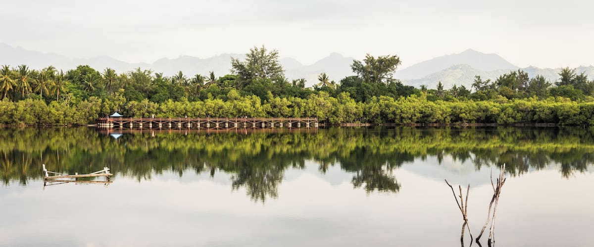 A calm lake with a wooden bridge, a small hut, and a reflection of trees and mountains in the water.