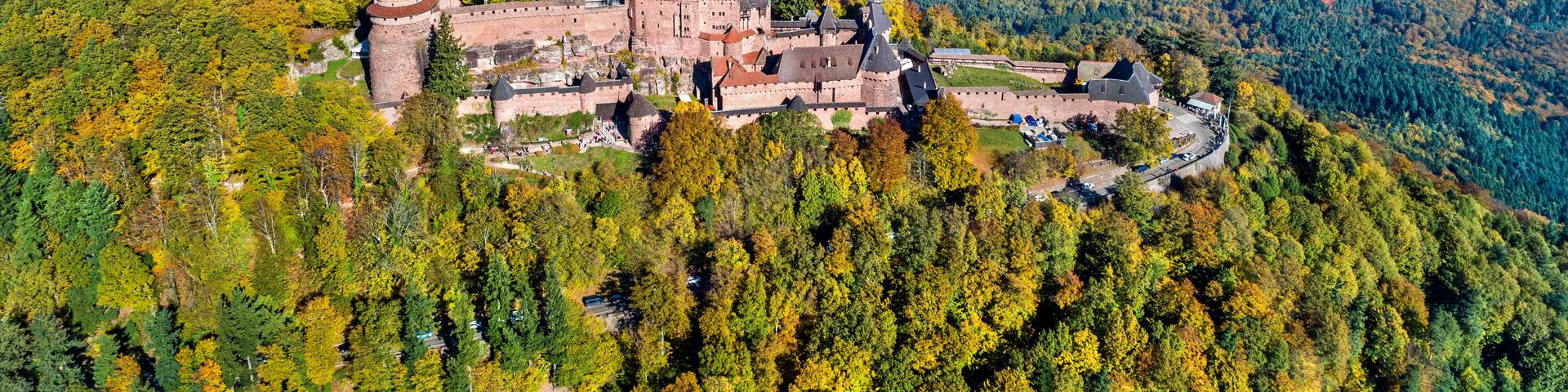 Aerial panorama of the Chateau du Haut-Koenigsbourg in the Vosges mountains. Alsace, France