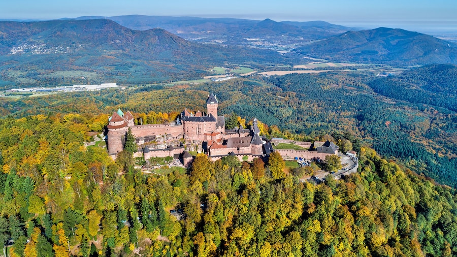 Aerial panorama of the Chateau du Haut-Koenigsbourg in the Vosges mountains. Alsace, France