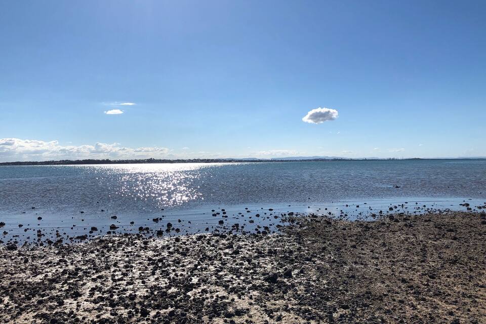 A rocky shoreline with a calm sea and a clear sky.