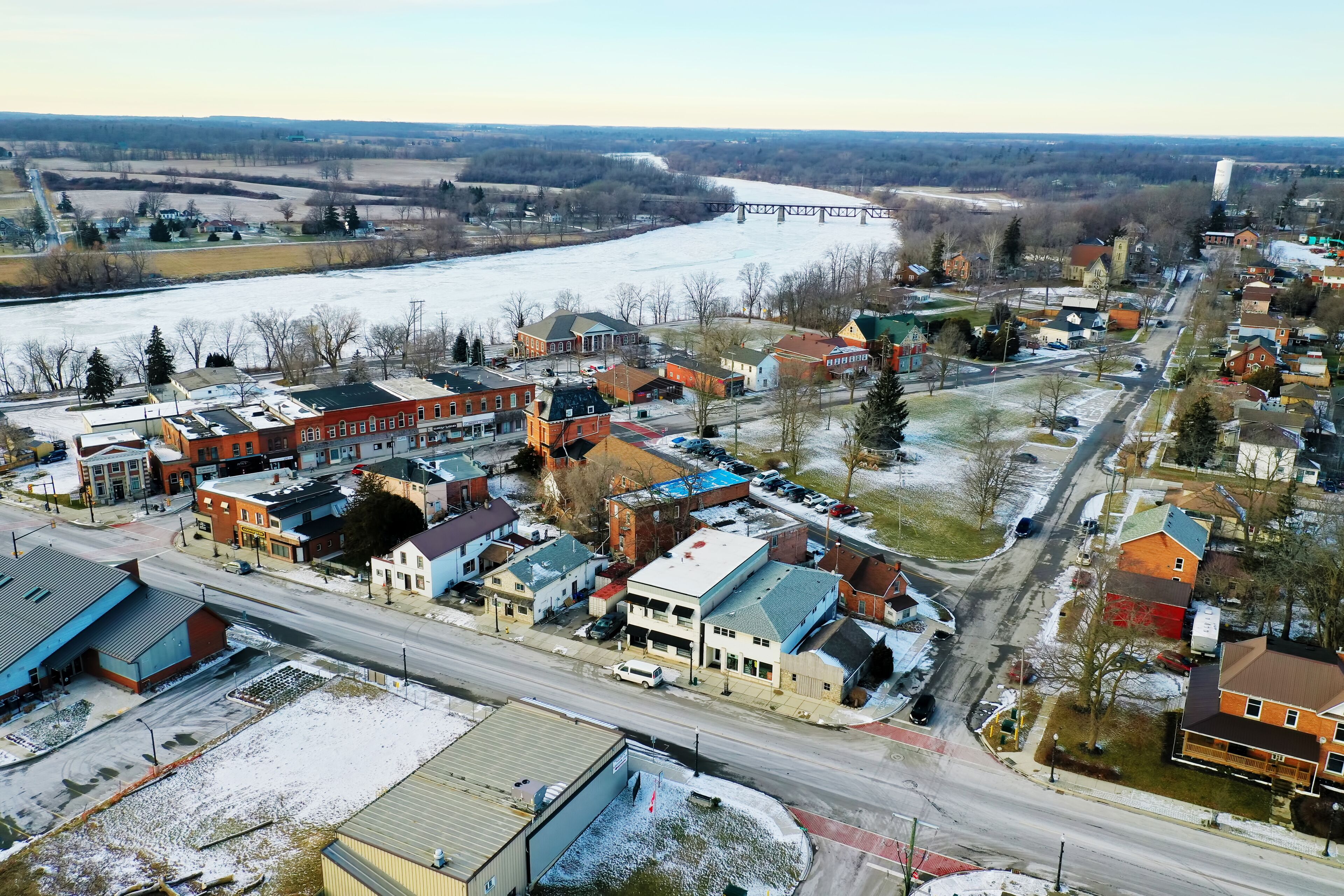 Aerial of Cayuga, Ontario, Canada on fine winter day