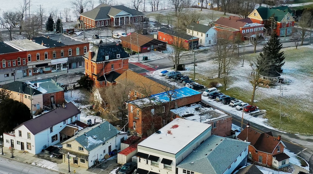 Aerial vertical of Cayuga, Ontario, Canada on winter day
