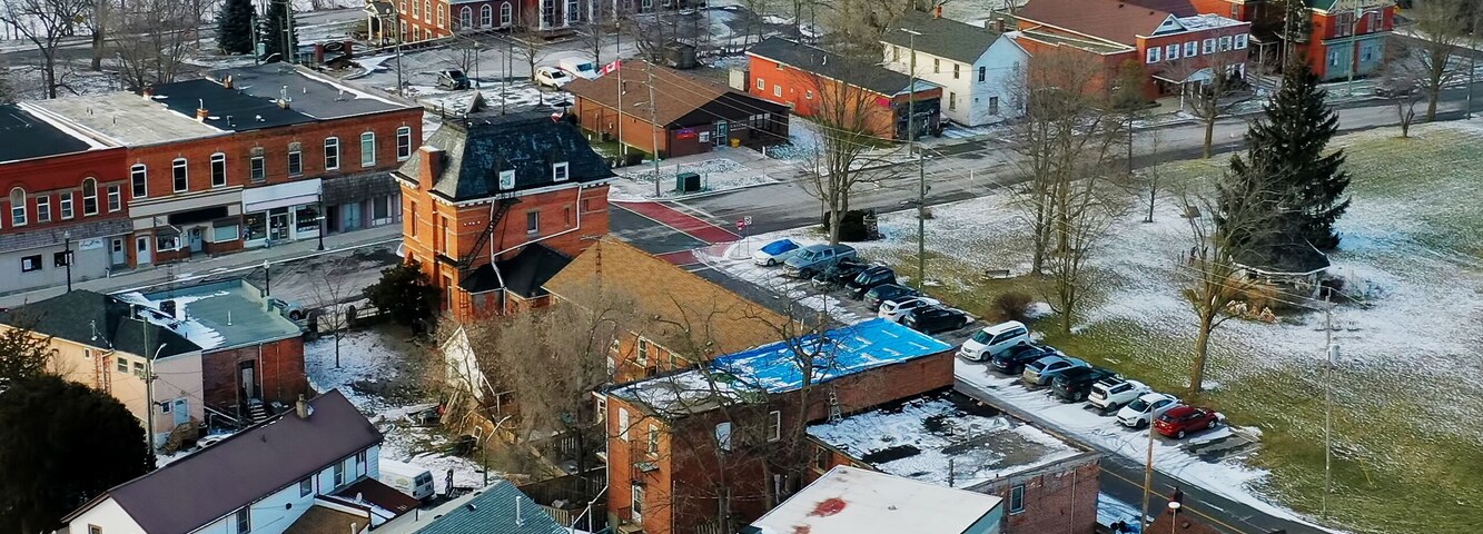 Aerial vertical of Cayuga, Ontario, Canada on winter day