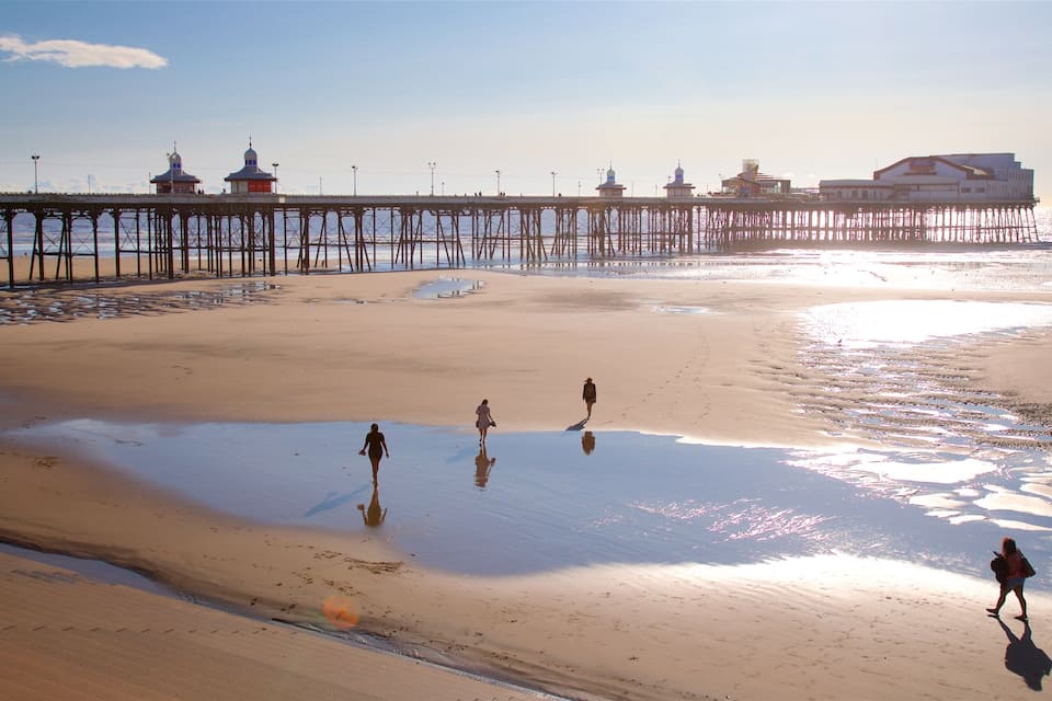 Een strand met een steiger die zich uitstrekt over de oceaan, met verschillende kleine, koepelvormige constructies.