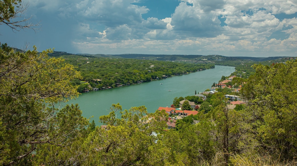 Mount Bonnell which includes a small town or village, landscape views and a river or creek