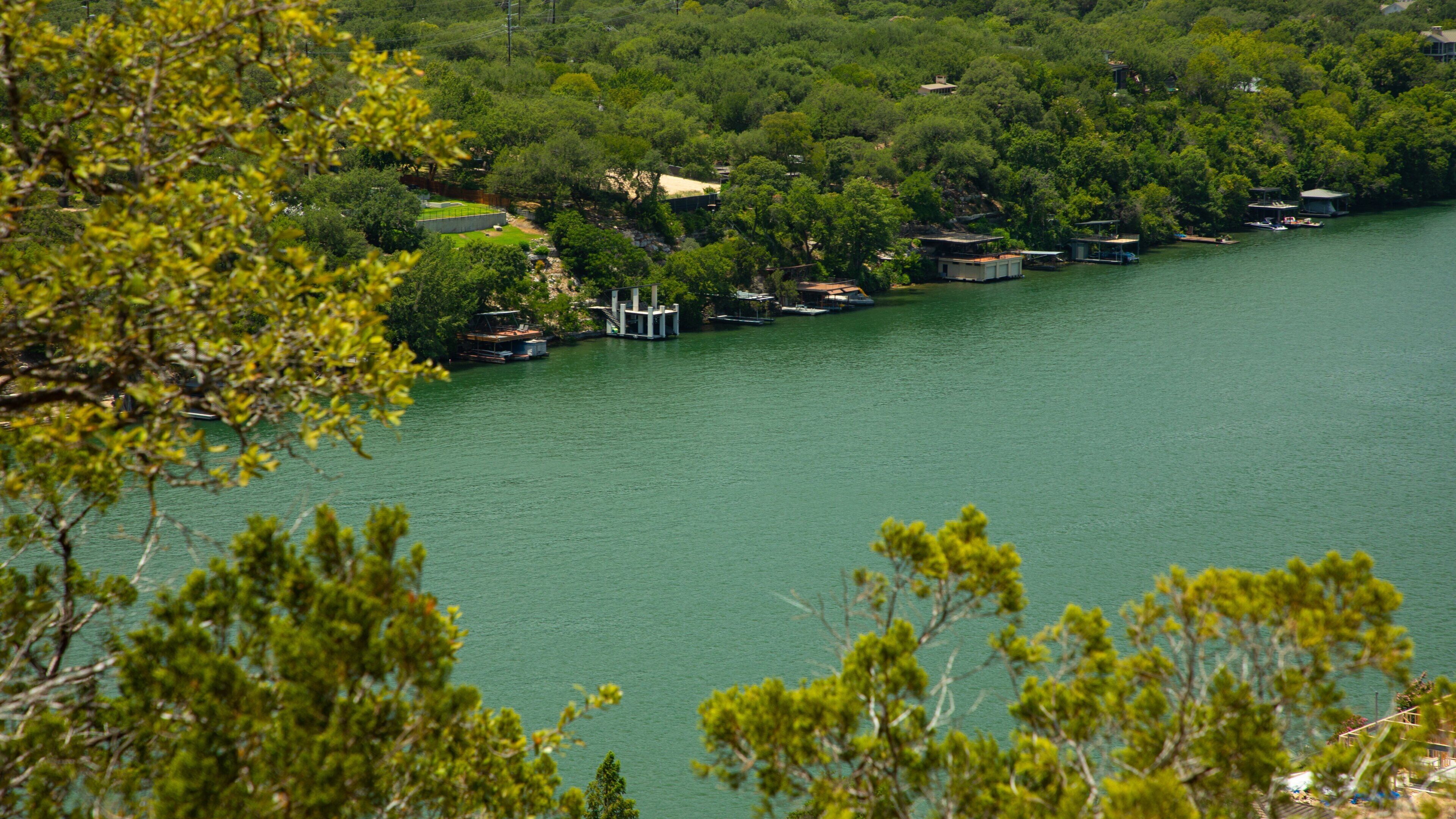 Mount Bonnell showing a river or creek, a small town or village and landscape views