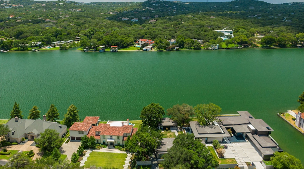 Mount Bonnell which includes a river or creek, landscape views and a small town or village