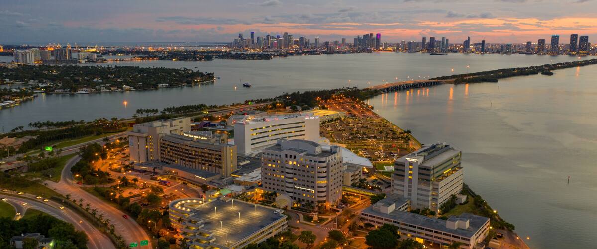 Beautiful twilight aerial Mount Sinai Hospital Medical Center Miami Beach