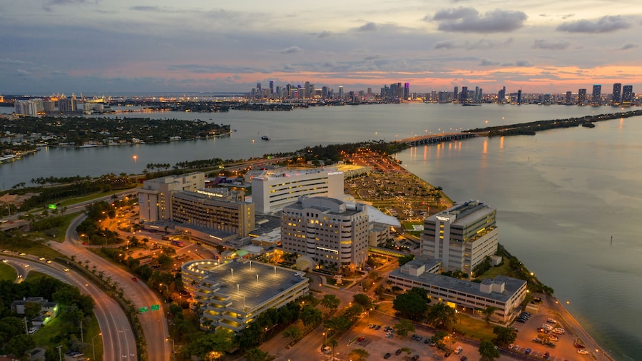 Beautiful twilight aerial Mount Sinai Hospital Medical Center Miami Beach