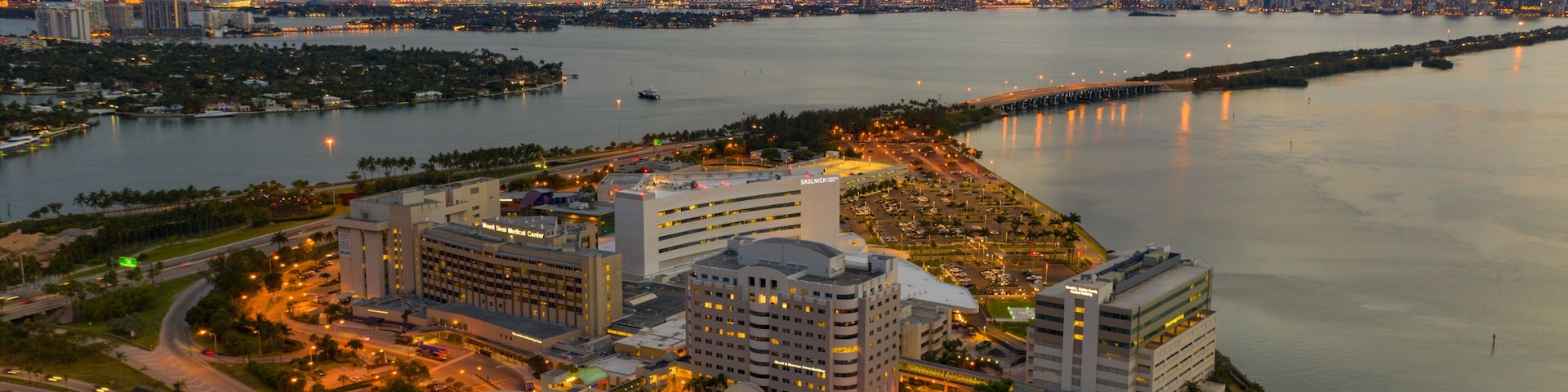 Beautiful twilight aerial Mount Sinai Hospital Medical Center Miami Beach