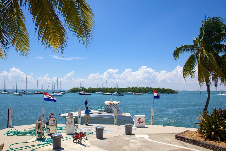 A marina with boats, fuel pumps, and a sign for 'Fire Hose'.