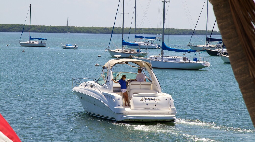Boaters enjoy a sunny day at Crandon Marina in Key Biscayne, Florida with sailboats in the background