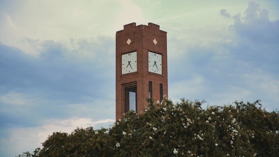 A brick clock tower with two clocks, surrounded by dense foliage.