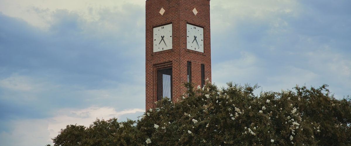 A brick clock tower with two clocks, surrounded by dense foliage.