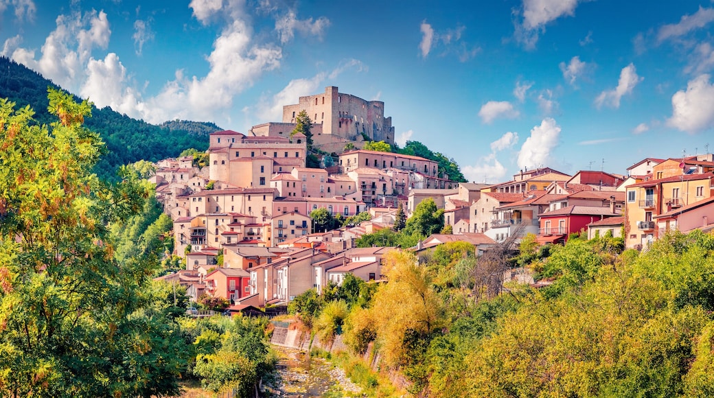 Panoramic summer view of Caracciolo di Brienza Castle. Sunny morning cityscape of Brienza town, Italy, Europe. Traveling concept background..