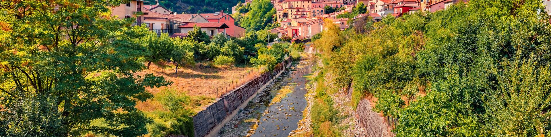 Panoramic summer view of Caracciolo di Brienza Castle. Sunny morning cityscape of Brienza town, Italy, Europe. Traveling concept background.