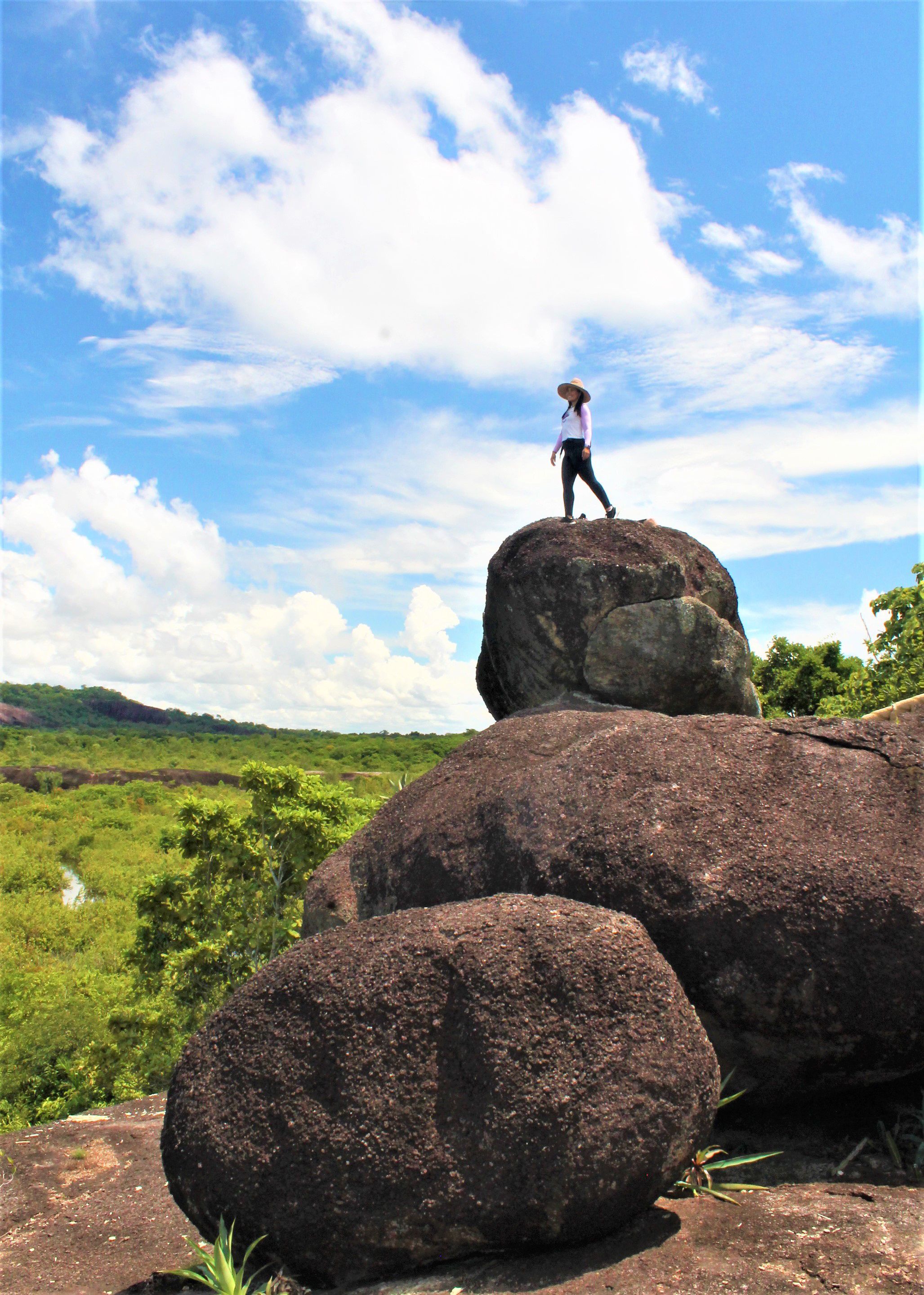 A person standing on a large rock with a vast landscape and a partly cloudy sky in the background.