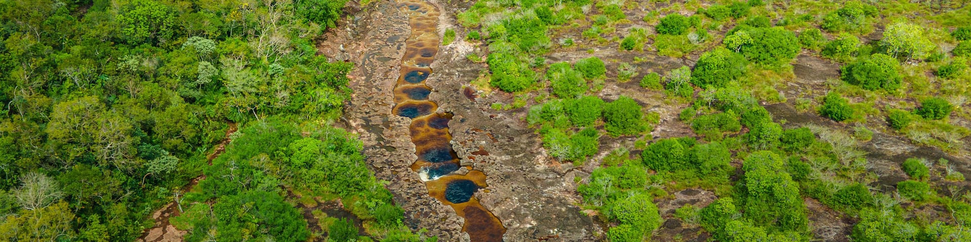 Aerial view of natural pools in lush greenery at San Jose del Guaviare, Colombia
